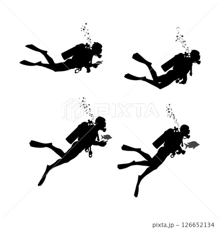 Scuba Diver Silhouette Set with Fish Underwater Exploration Vector Illustration 126652134
