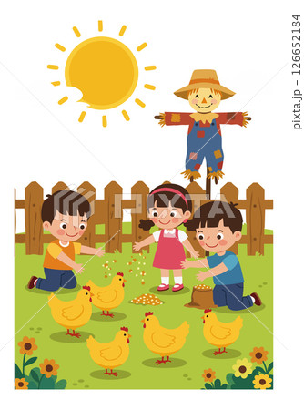 Children feeding chickens on farm near scarecrow with bright sun vector illustration Children feeding chickens on farm near scarecrow with bright sun vector illustration 126652184