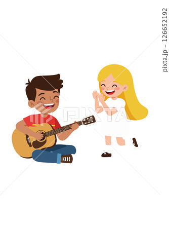 Children enjoying music with boy playing guitar and girl clapping hands in happy moment Children enjoying music with boy playing guitar and girl clapping hands in happy moment 126652192