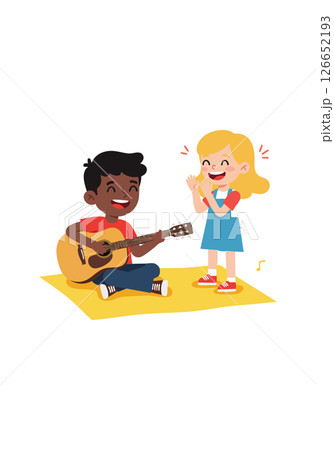 Children playing guitar and singing together joyful music activity vector illustration Children playing guitar and singing together joyful music activity vector illustration 126652193