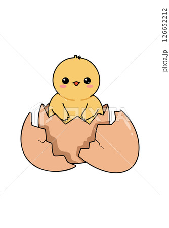 Cute yellow chick hatching from eggshell vector illustration with pink cheeks and black eyes Cute yellow chick hatching from eggshell vector illustration with pink cheeks and black eyes 126652212