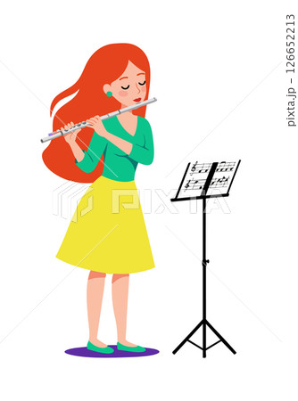 Woman playing flute with music stand illustration in green and yellow outfit vector image Woman playing flute with music stand illustration in green and yellow outfit vector image 126652213