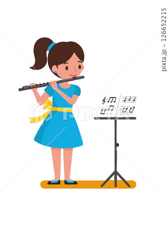 Girl playing flute music sheet on stand vector illustration in blue dress yellow belt 126652215