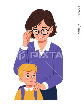Teacher Helping Young Student Wearing Glasses in Classroom Vector Illustration 126652218