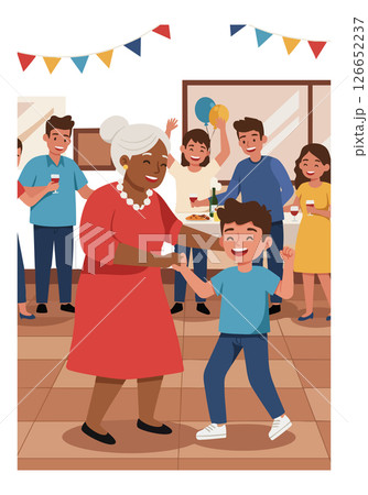Grandmother Dancing with Boy at Family Celebration Indoor Portrait Scene Grandmother Dancing with Boy at Family Celebration Indoor Portrait Scene 126652237