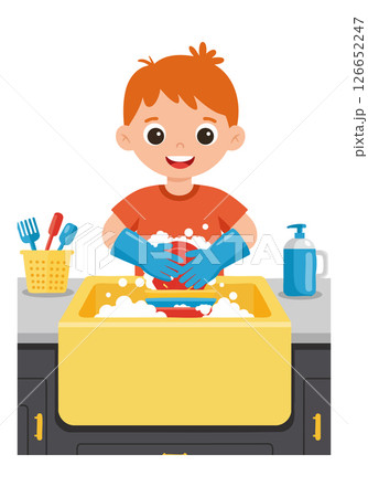 Boy washing dishes in kitchen with yellow sink and blue gloves vector illustration 126652247