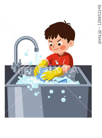 Boy washing dishes in kitchen sink with yellow gloves and red shirt vector illustration Boy washing dishes in kitchen sink with yellow gloves and red shirt vector illustration 126652248
