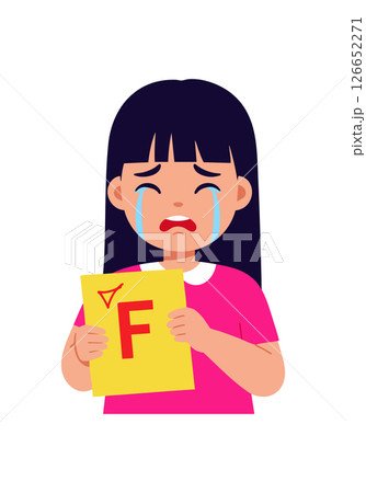 Crying girl holding failed exam paper with grade F in pink shirt vector illustration Crying girl holding failed exam paper with grade F in pink shirt vector illustration 126652271