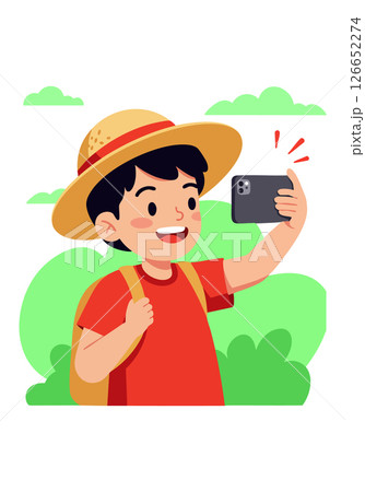 Child taking selfie with smartphone wearing hat and backpack outdoor vector illustration Child taking selfie with smartphone wearing hat and backpack outdoor vector illustration 126652274