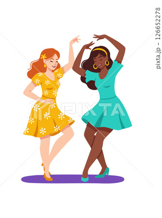 Two women dancing in colorful summer dresses with floral patterns and joyful expressions vector illustration 126652278
