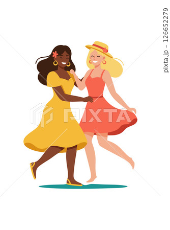 Two women dancing joyfully in summer dresses with hat and earrings vector illustration 126652279
