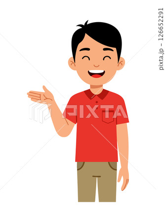Happy young boy presenting with casual red shirt and beige pants vector illustration Happy young boy presenting with casual red shirt and beige pants vector illustration 126652291