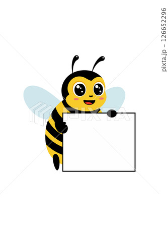 Cute cartoon bee holding blank sign vector illustration with black and yellow stripes 126652296