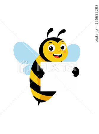 Cute happy bee holding blank sign cartoon character vector illustration friendly insect design 126652298