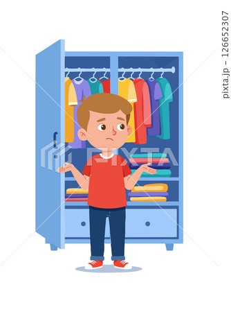 Confused child standing in front of open wardrobe with colorful clothes vector illustration 126652307