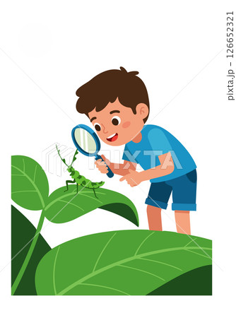 Boy examining green insect on large leaves with magnifying glass vector illustration 126652321