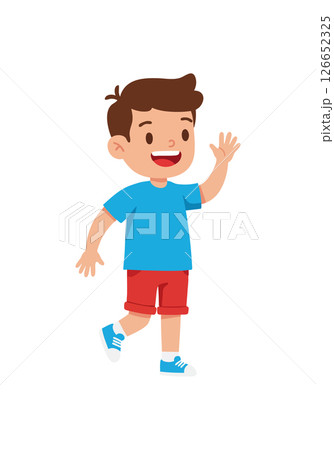 Happy young boy waving hand in blue shirt and red shorts vector illustration Happy young boy waving hand in blue shirt and red shorts vector illustration 126652325