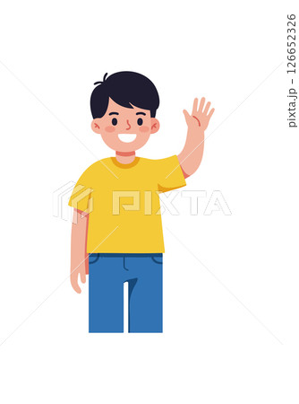Boy Waving Hand Friendly Gesture Wearing Yellow Shirt and Blue Jeans Vector Illustration Boy Waving Hand Friendly Gesture Wearing Yellow Shirt and Blue Jeans Vector Illustration 126652326