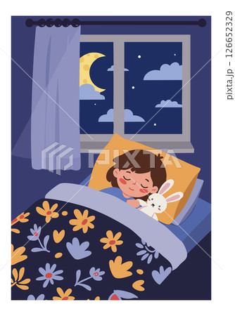 Child sleeping peacefully with stuffed bunny under floral blanket at night vector illustration Child sleeping peacefully with stuffed bunny under floral blanket at night vector illustration 126652329
