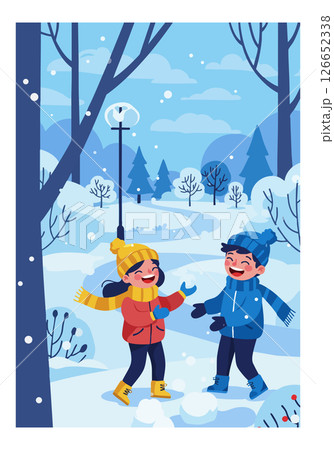 Children Playing in Snowy Winter Landscape with Trees and Lamp Post Vector Illustration 126652338