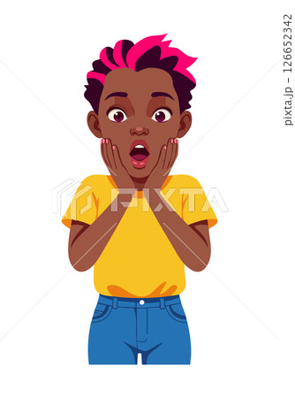 Surprised young person with pink hair and yellow shirt expressing shock vector illustration Surprised young person with pink hair and yellow shirt expressing shock vector illustration 126652342