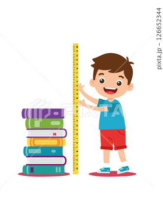 Boy Measuring Height with Ruler Next to Stack of Books Education Growth Concept Boy Measuring Height with Ruler Next to Stack of Books Education Growth Concept 126652344