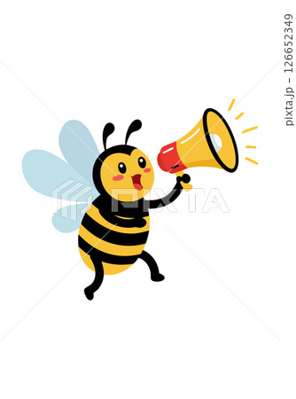 Cute bee holding megaphone cartoon vector illustration with yellow and black stripes Cute bee holding megaphone cartoon vector illustration with yellow and black stripes 126652349