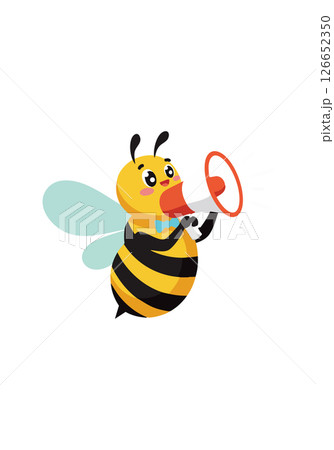 Cartoon bee holding megaphone vector illustration with yellow and black stripes 126652350