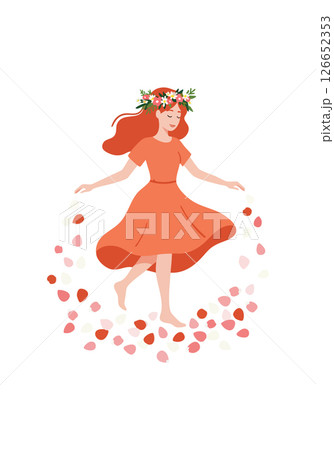 Girl in orange dress dancing with floral crown and petals in circle vector illustration Girl in orange dress dancing with floral crown and petals in circle vector illustration 126652353
