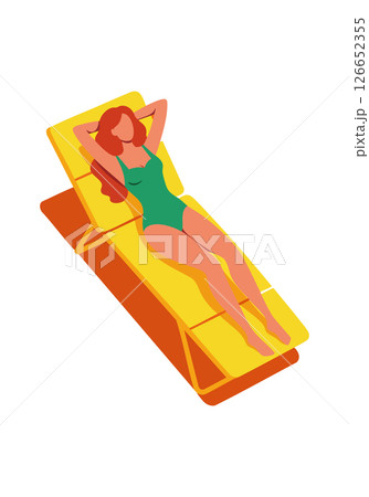 Woman Relaxing on Yellow Lounge Chair Wearing Green Swimsuit Summer Leisure Vector 126652355