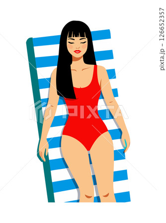 Woman in red swimsuit relaxing on blue striped beach chair summer leisure vector illustration Woman in red swimsuit relaxing on blue striped beach chair summer leisure vector illustration 126652357