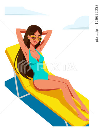 Woman relaxing on yellow beach chair in blue swimsuit summer leisure vector illustration Woman relaxing on yellow beach chair in blue swimsuit summer leisure vector illustration 126652358