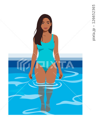 Woman standing in blue swimsuit waist-deep in swimming pool water vector illustration Woman standing in blue swimsuit waist-deep in swimming pool water vector illustration 126652365
