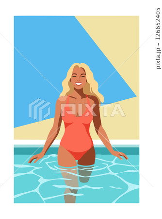 Woman in Red Swimsuit Enjoying Swimming Pool Water Lifestyle Summer Scene Woman in Red Swimsuit Enjoying Swimming Pool Water Lifestyle Summer Scene 126652405