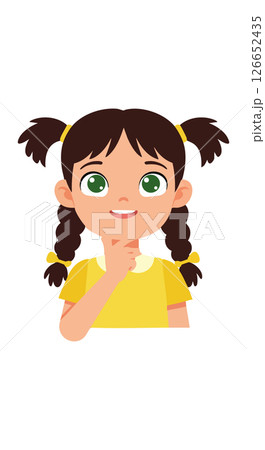 Girl with pigtails thinking and smiling in yellow shirt vector illustration portrait Girl with pigtails thinking and smiling in yellow shirt vector illustration portrait 126652435