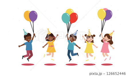 Children celebrating birthday party with balloons and party hats vector illustration Children celebrating birthday party with balloons and party hats vector illustration 126652446