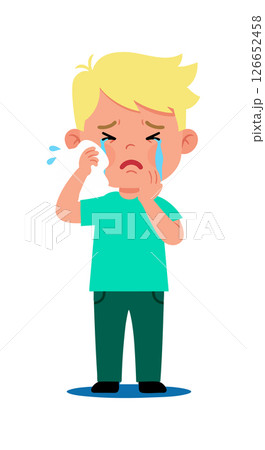 Crying boy wiping tears with sad expression in cartoon style vector illustration Crying boy wiping tears with sad expression in cartoon style vector illustration 126652458