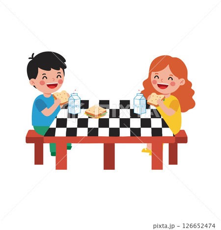 Children enjoying sandwich lunch with milk at checkered table vector illustration 126652474