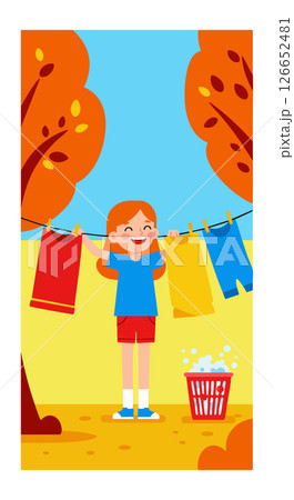 Girl Hanging Clothes Outdoors in Autumn with Orange Trees and Blue Sky Vector Illustration 126652481