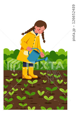 Girl Watering Plants in Garden Wearing Yellow Raincoat and Boots Vector Illustration 126652489