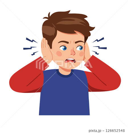 Boy covering ears in discomfort with blue and red clothing vector illustration 126652548