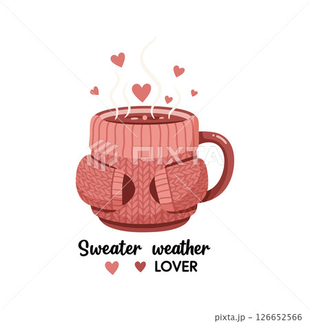 Cozy sweater wrapped coffee mug with hearts steam vector illustration for tshirt printing projects Cozy sweater wrapped coffee mug with hearts steam vector illustration for tshirt printing projects 126652566