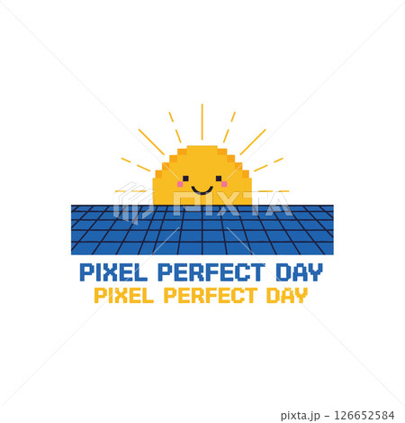 Smiling pixel sun rising over pixelated blue grid with pixel perfect day text vector illustration Smiling pixel sun rising over pixelated blue grid with pixel perfect day text vector illustration 126652584