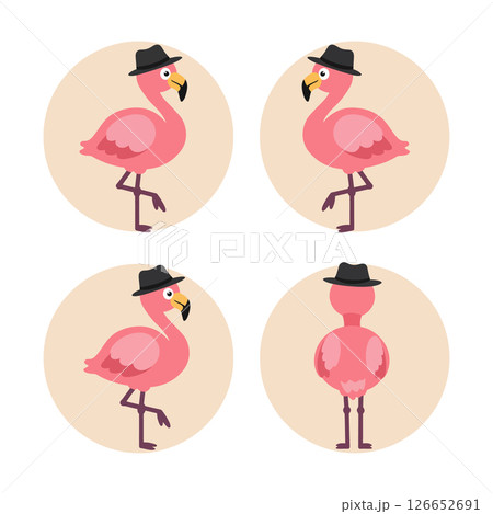 Flamingo wearing black hat vector illustration set ideal for t-shirt prints and creative projects 126652691