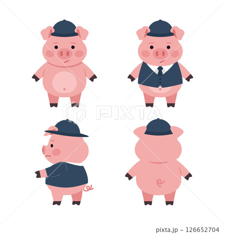 Cute pig vector illustrations wearing blue cap and suit ideal for t-shirt prints and craft projects 126652704