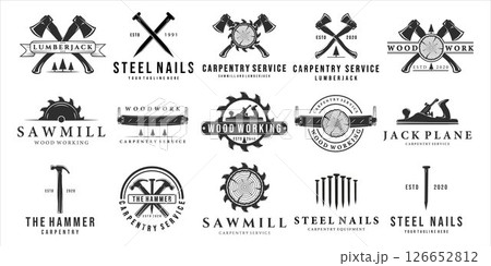 set of carpentry logo vintage vector illustration template design. bundle collection of various craftsman or carpenter equipment sawmill hammer ax nails wooden lumberjack jack plane logo icon design 126652812