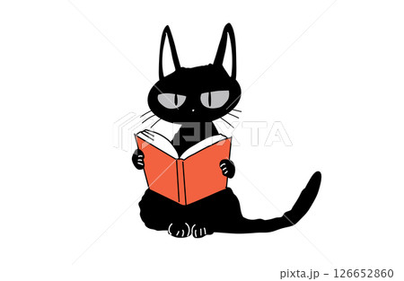 本を読む黒猫のキャラクターイラスト｜知的でミステリアスなフラットデザイン 126652860