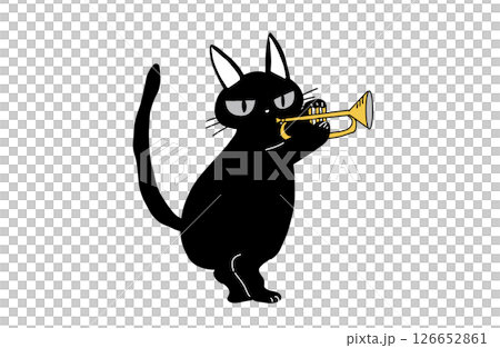 吹小號的黑貓人物插圖|帶有音樂主題的簡單材料 126652861