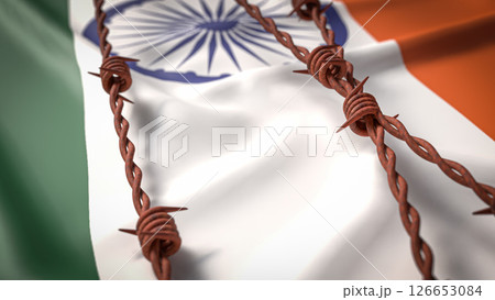 The India flag and Barbed wire image 3d Rendering. The India flag and Barbed wire image 3d Rendering. 126653084