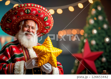 Pancho Claus Holding a Star Pinata in Festive Attire. AI generation 126653442